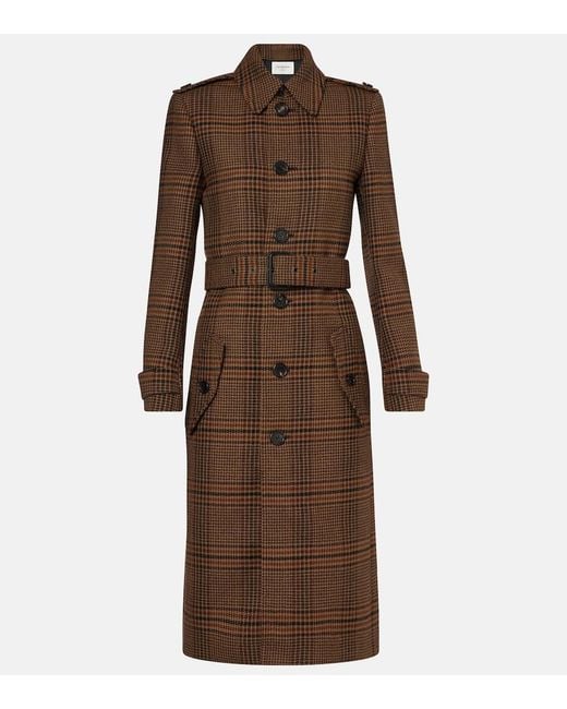 Saint Laurent Brown Belted Prince Of Wales Wool Coat