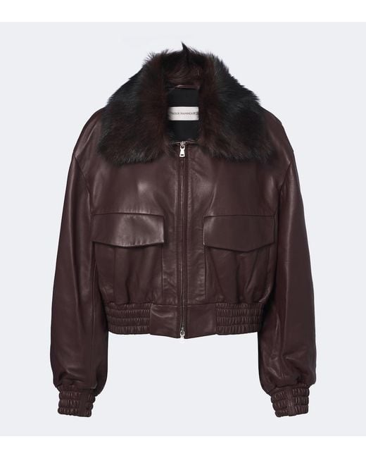 Nour Hammour Brown Shearling-Trimmed Leather Blouson Jacket