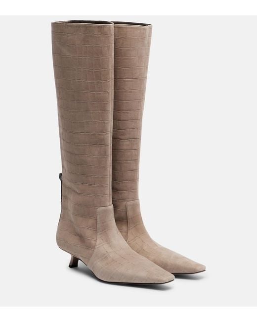 Brunello Cucinelli Brown Monili Croc-Effect Suede Knee-High Boots