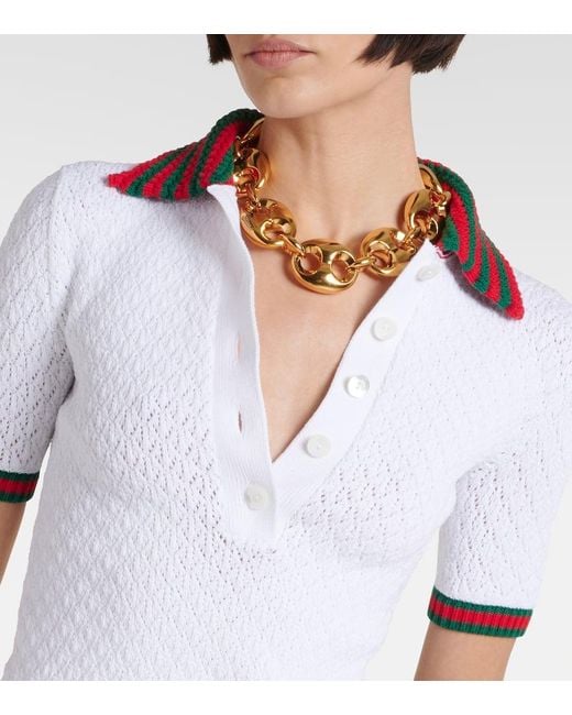 Gucci White Web Stripe Cotton-blend Lace Polo Shirt