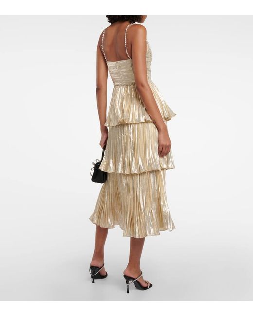 Self-Portrait Metallic Pleated Chiffon Tiered Midi Dress in Natural | Lyst