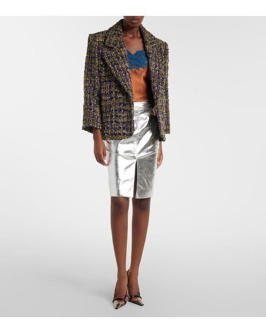 Saint Laurent Gray Metallic Leather Pencil Skirt