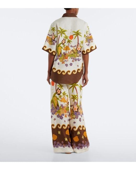 ALÉMAIS Metallic Island Cove Printed Linen Wide-Leg Pants