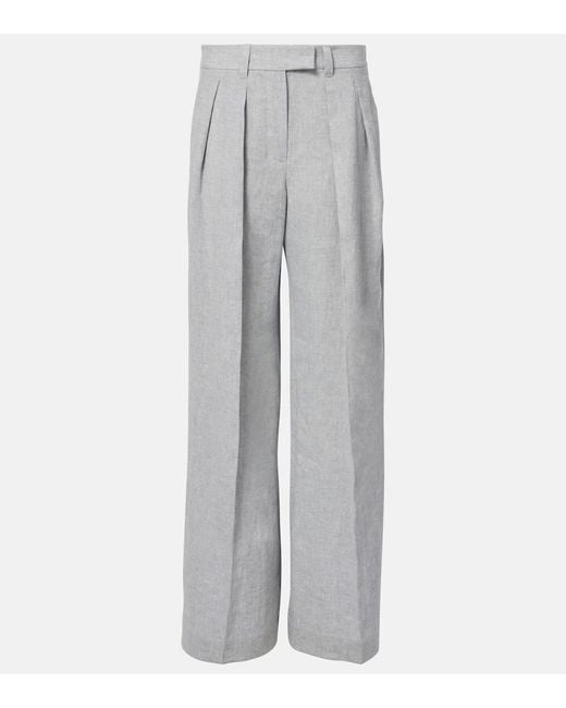 Brunello Cucinelli Gray Linen-Blend Wide-Leg Pants