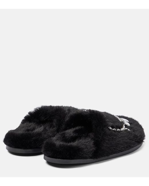 Simone Rocha Black Embellished Faux Shearling Slippers