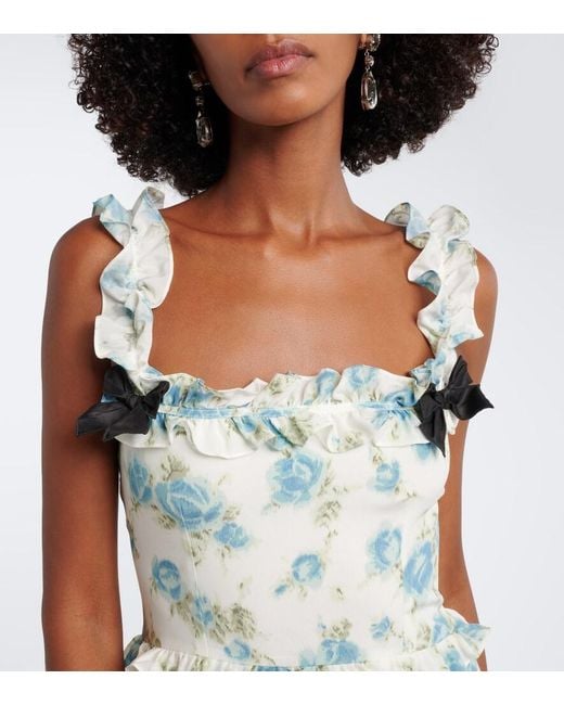 Alessandra Rich Blue Ruffled Floral Silk Crepe De Chine Minidress