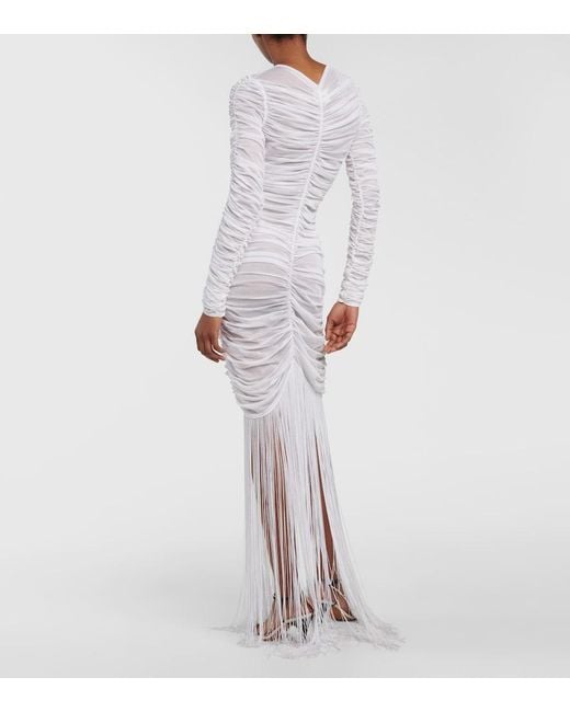 Khaite White Guisa Fringed Shirred Silk-Blend Gown