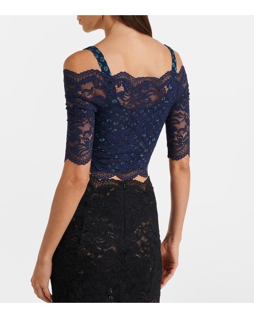 Rabanne Blue Trompe L'Oil Lace And Velvet Crop Top