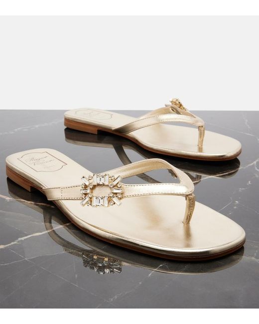 Roger Vivier Natural Embellished Metallic Leather Thong Sandals