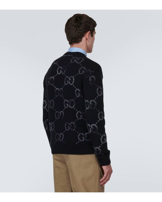 Gucci Black Monogram-pattern Ribbed-trim Wool-blend Knitted Jumper for men
