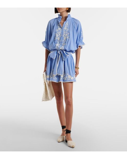 Juliet Dunn Blue Embroidered Cotton Chambray Minidress