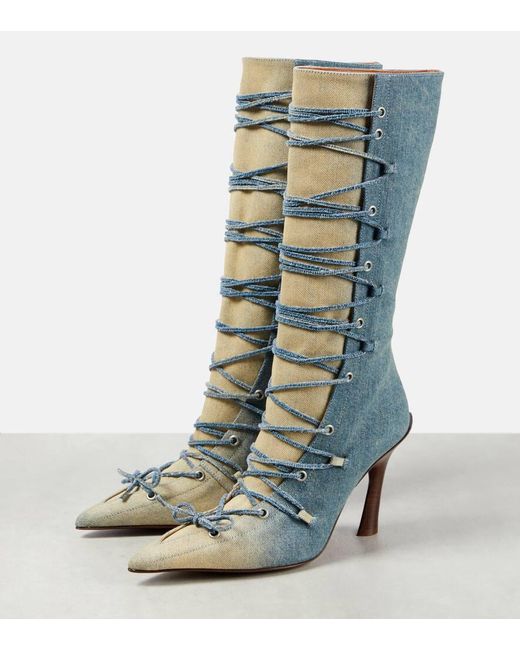 Acne Blue Bitten Denim Knee-High Boots