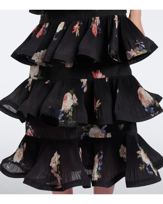 Zimmermann Black Floral Pleated Ruffled Midi Dress