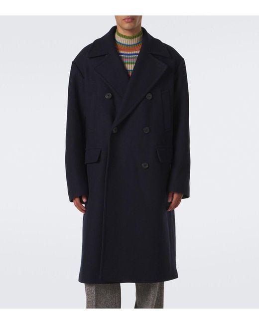 Dries Van Noten Blue Double-Breasted Wool-Blend Coat for men