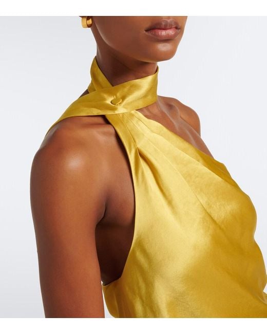 Staud Yellow Estelle One-Shoulder Satin Maxi Dress