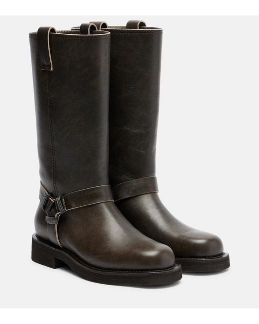 Brunello Cucinelli Black Monili Leather Knee-High Boots