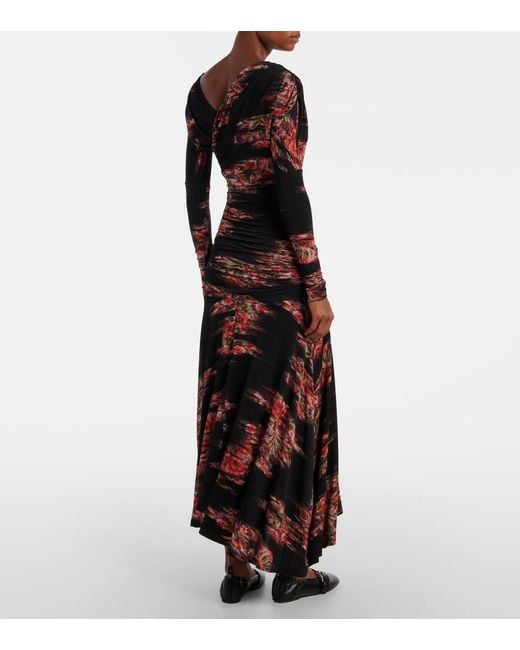 Ganni Red Floral Ruched Jersey Maxi Dress