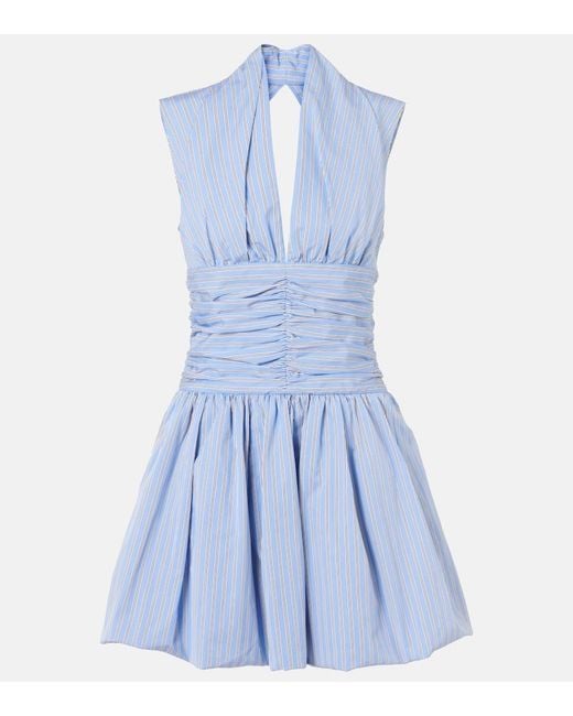 Patou Blue Striped Gathered Cotton Poplin Minidress