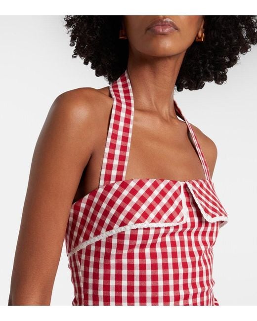 Posse Red Ebony Gingham Lace-Trimmed Cotton-Blend Midi Dress