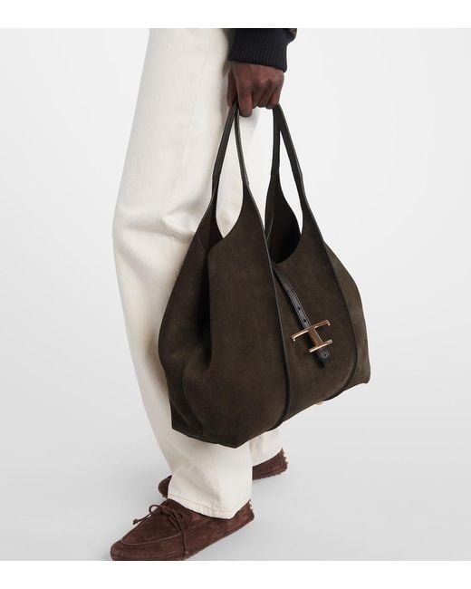 Tod's Black T Timeless Medium Suede Tote Bag