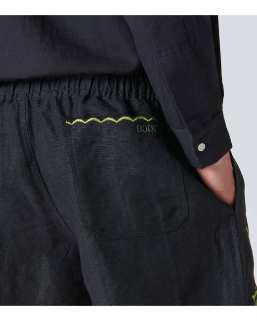 Bode Blue Rosefinch Embroidered Linen Bermuda Shorts for men