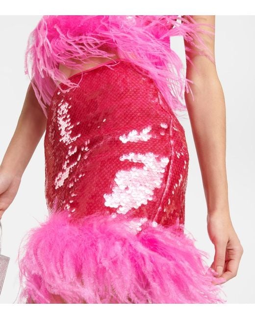 GIUSEPPE DI MORABITO Pink Sequined Feather-Trimmed Miniskirt