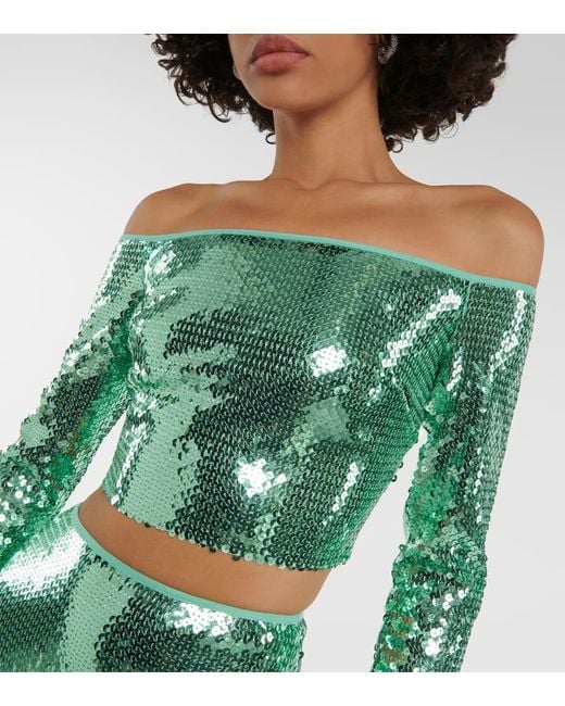 David Koma Green Sequined Off-Shoulder Crop Top