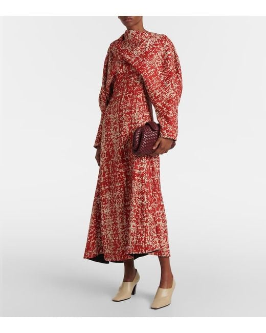 Bottega Veneta Draped Jacquard Midi Dress in Red | Lyst