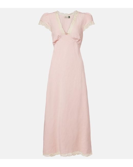 Rixo Pink Clarice Lace-Trimmed Linen-Blend Midi Dress