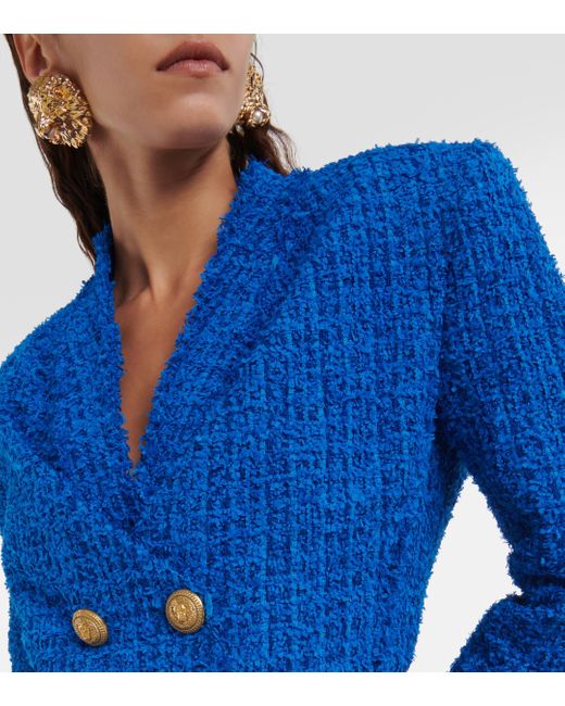 Balmain Blue Cropped Tweed Blazer