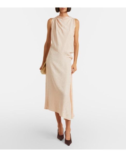 Victoria Beckham Natural Asymmetric Draped Floral Satin Midi Dress