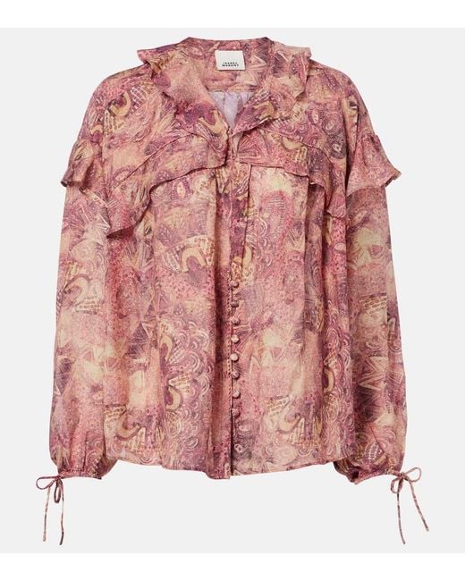 Isabel Marant Pink Charis Printed Ruffled Silk Blouse