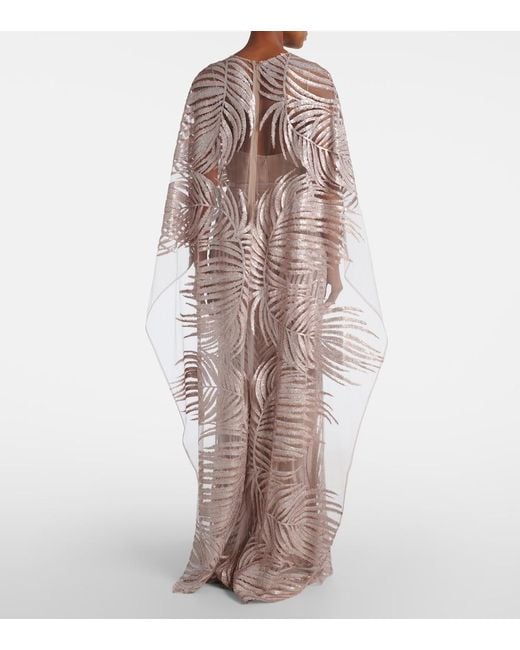Elie Saab Natural Embroidered Sheer Tulle Gown