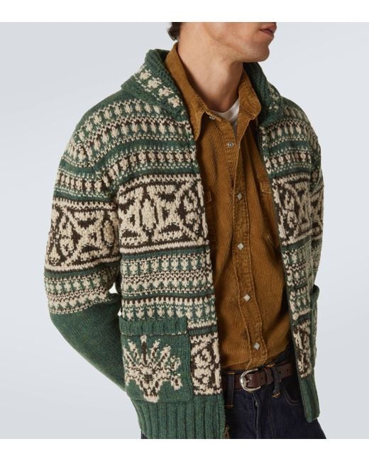 RRL Green Wool Zip-Up Sweater for men