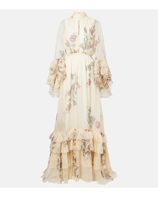 Robe Longue En Crepe De Soie A Fleurs Etro en coloris Natural