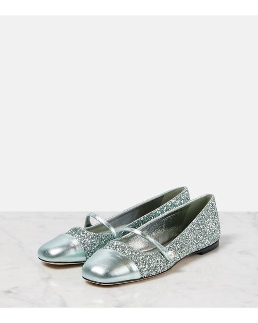 Jimmy Choo Gray Elisa Leather-Trimmed Glitter Ballet Flats