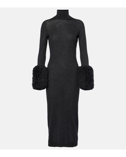 Alaïa Black Faux Shearling-Trimmed Wool Dress