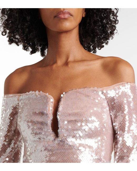 Self-Portrait Pink Sequined Off-Shoulder Top