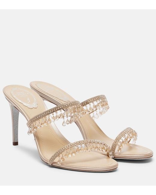 Rene Caovilla Natural Chandelier Embellished Satin Mules
