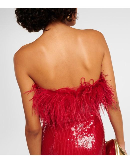 Rebecca Vallance Red Nika Sequined Feather-Trimmed Gown