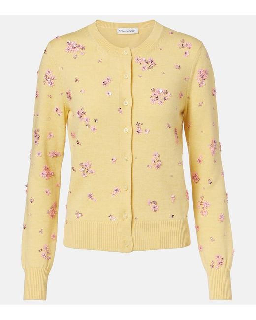 Oscar de la Renta Yellow Crystal Cluster Virgin Wool Cardigan