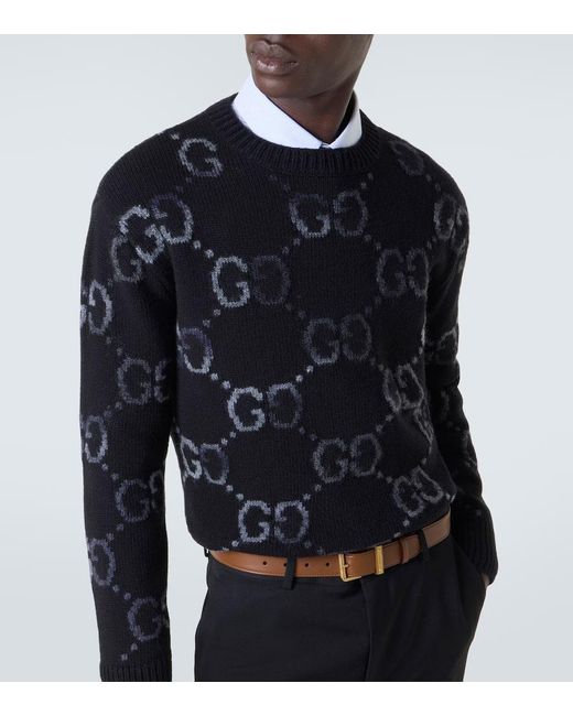 Gucci Black Monogram-pattern Ribbed-trim Wool-blend Knitted Jumper for men
