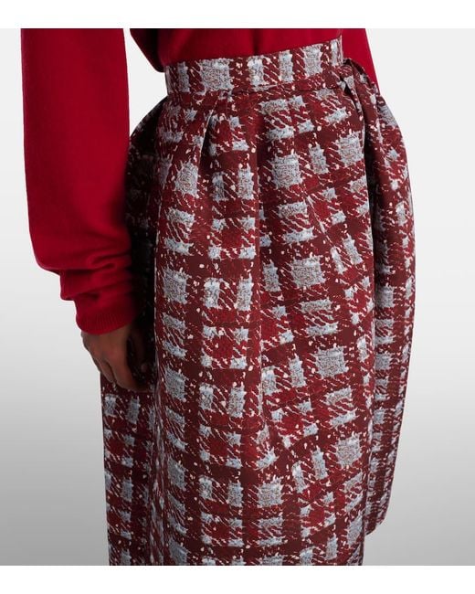 Oscar de la Renta Red Plaid Faille Midi Skirt
