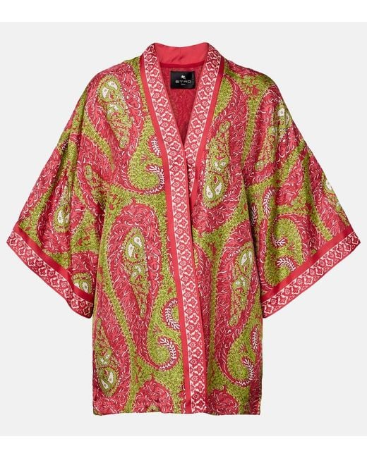 Etro Red Printed Silk Twill Wrap Jacket