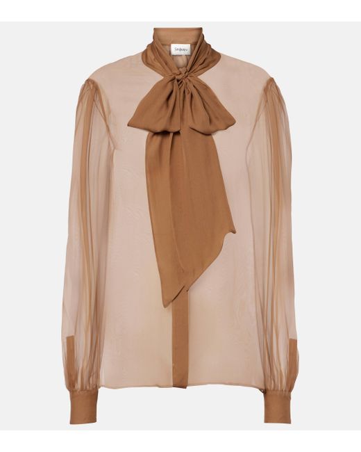 Saint Laurent Brown Pussy-Bow Silk-Chiffon Blouse