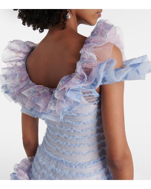 SUSAN FANG Blue Printed Smocked Ruffled Minidress