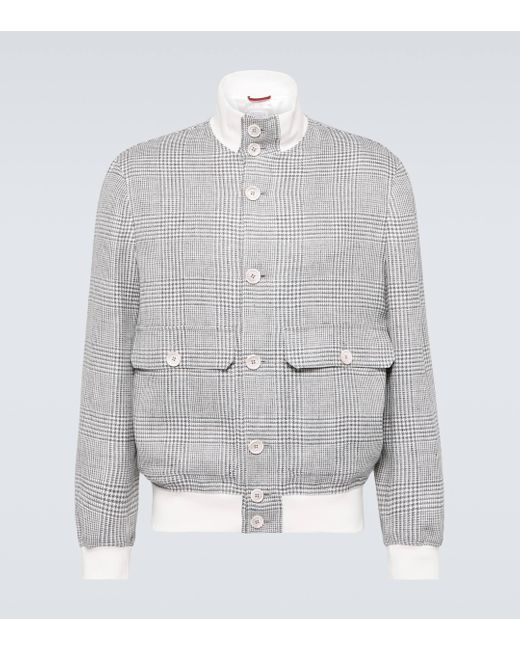 Brunello Cucinelli Gray Checked Linen, Wool And Silk Jacket for men