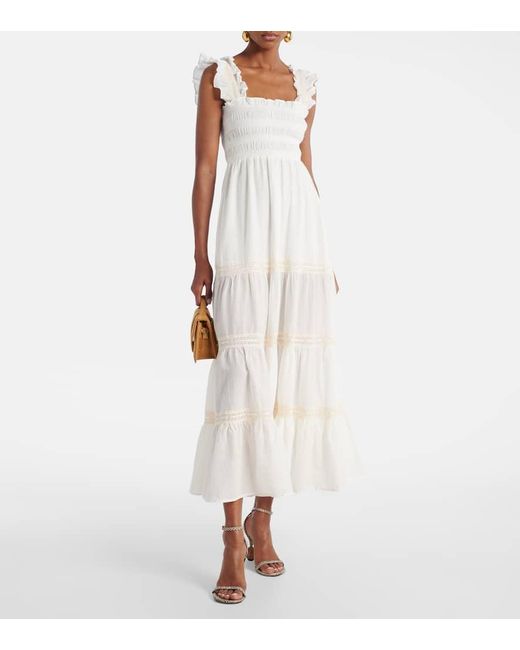 Rixo White Aubrie Tiered Cotton Voile Maxi Dress