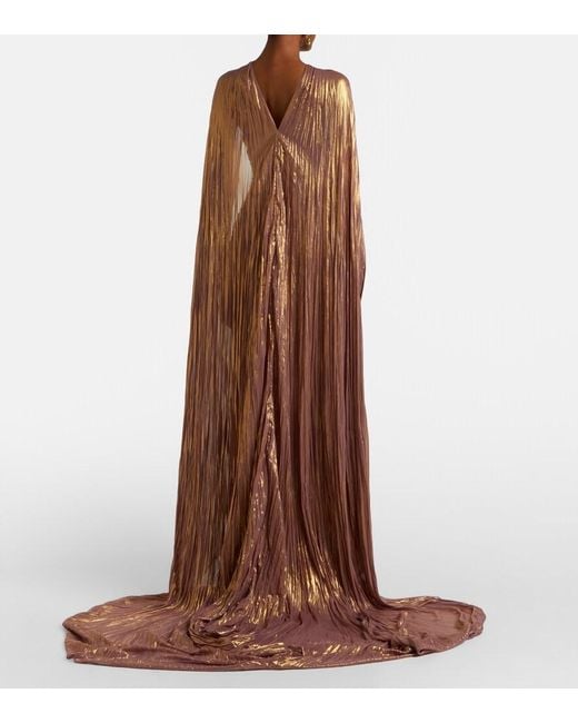 Marmar Halim Brown Caped Pleated Bustier Gown