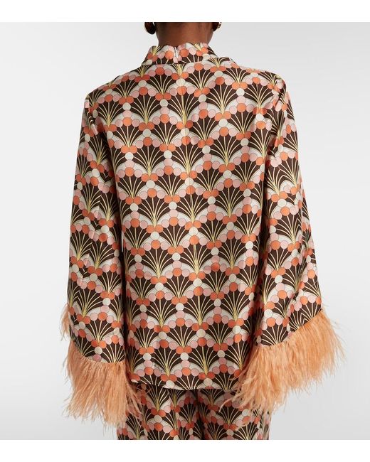 LaDoubleJ Brown Make An Exit Feather-Trimmed Silk Twill Top